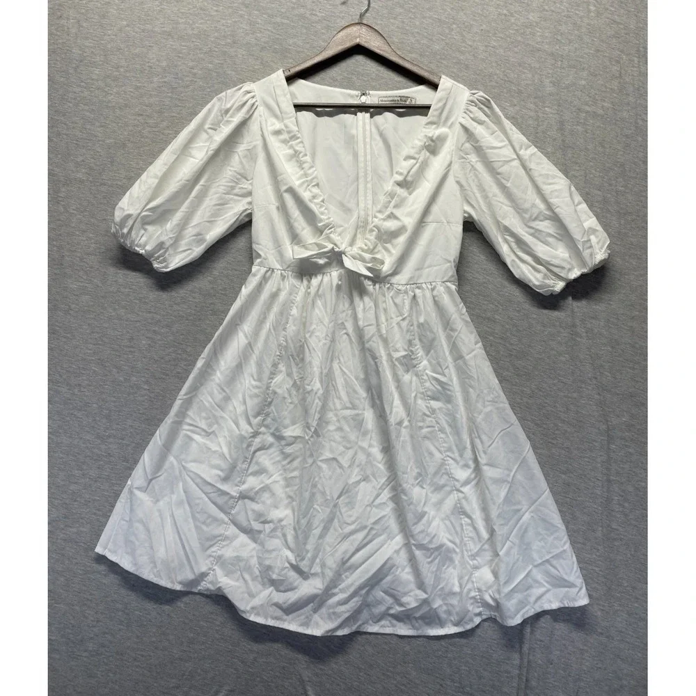 Abercrombie & Fitch Fit & Flare Dress Womens S White Puff Sleeve V Neck Back Zip